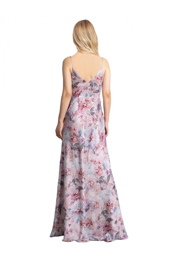 Draped Cowl Neck Long Printed Stretch Satin Bridesmaid Dress