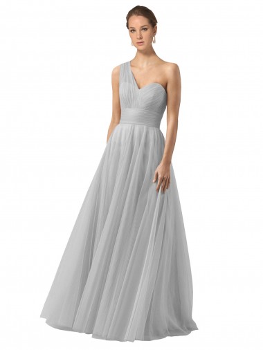 Floor Length Tulle Bridesmaid Dress with Shirred One Shoulder Bodice
