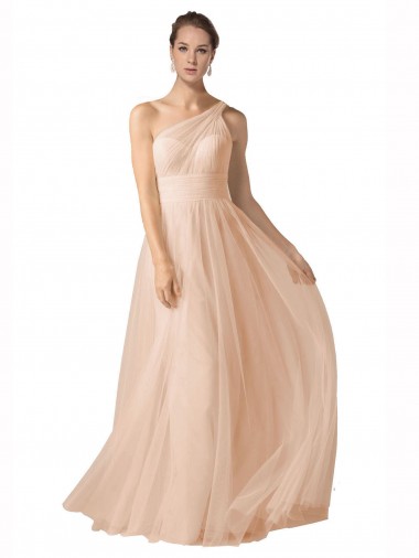 Illusion One Shoulder Tulle Bridesmaid Dress with Shirred Bodice