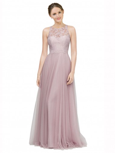 High Neck Long Tulle Bridesmaid Dress with Lace Bodice