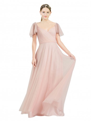 Long V-Neck Flutter Sleeves Tulle Bridesmaid Dress