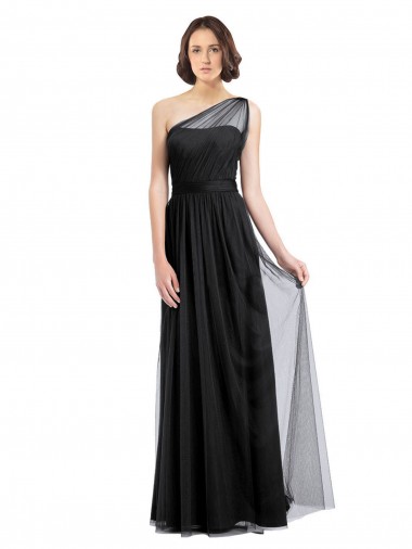 Ruched Long Soft Tulle Bridesmaid Dress with Sheer Netting Shoulder Strap