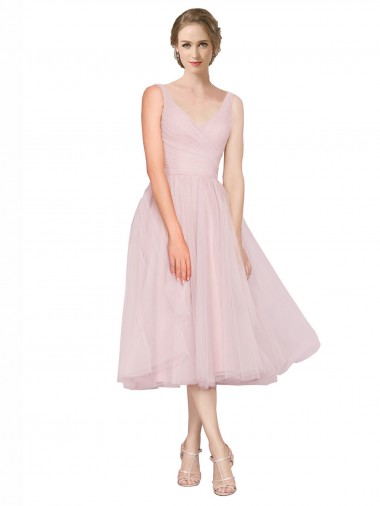 Short Tea Length Wide Strap Plunge Cross Over Neckline Tulle Bridesmaid Dress