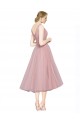 Short Tea Length Wide Strap Plunge Cross Over Neckline Tulle Bridesmaid Dress