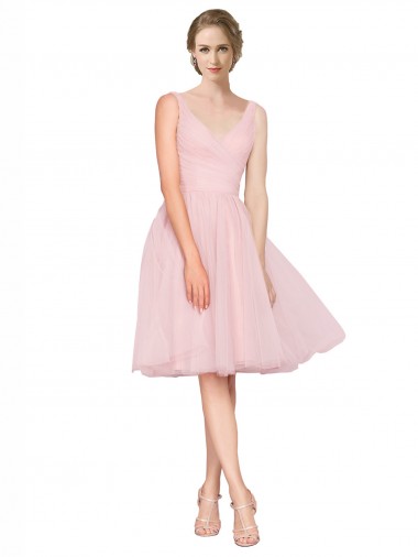 Short Knee Length Wide Strap Plunge Cross Over Neckline Tulle Bridesmaid Dress