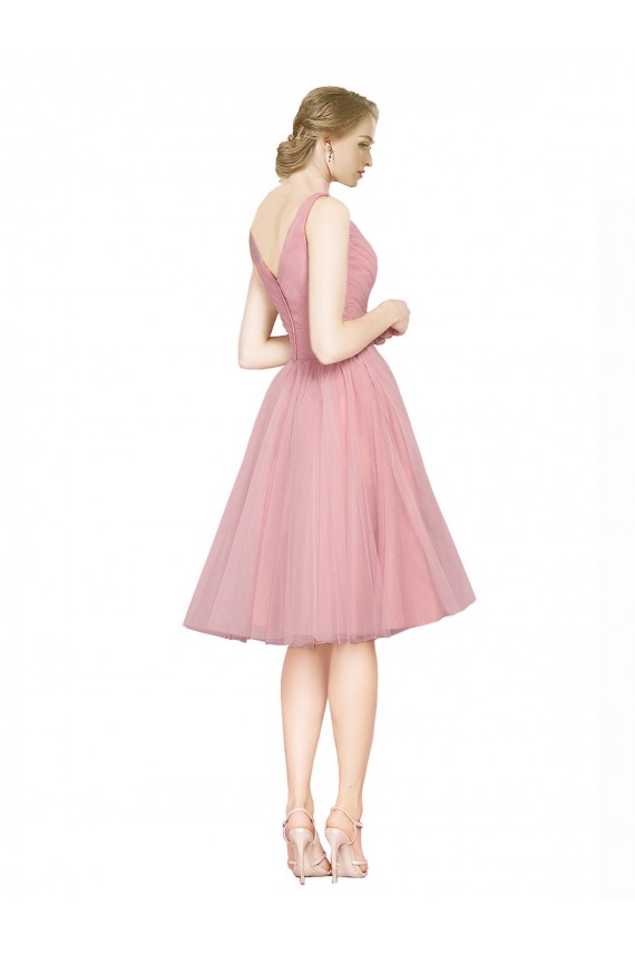 Short Knee Length Wide Strap Plunge Cross Over Neckline Tulle Bridesmaid Dress