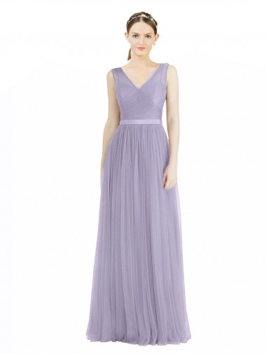 Wide Straps V-Neck Long Tulle Bridesmaids with Belt