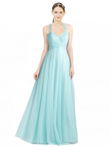 Ruched Sweetheart Neckline A-Line Tulle Bridesmaid Dress with Tie Open Back