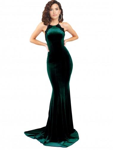 High Neck Stretch Velvet Bridesmaid Dress with Black Lace Embroidery