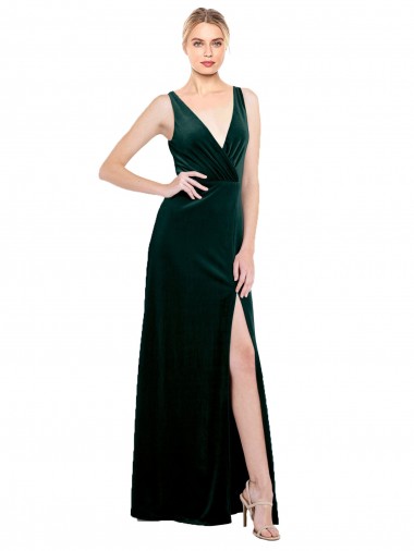 Sleek V-Neck Long Velvet Bridesmaid Dress with Side Slit