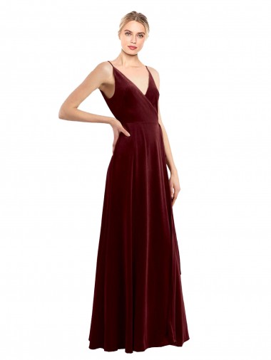 Faux Wrap V-Neck Sleek Long Velvet Bridesmaid Dress