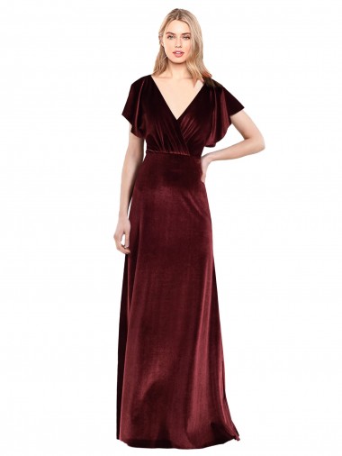 Flutter Sleeves Open Back Long Velvet Bridesmaid Dress