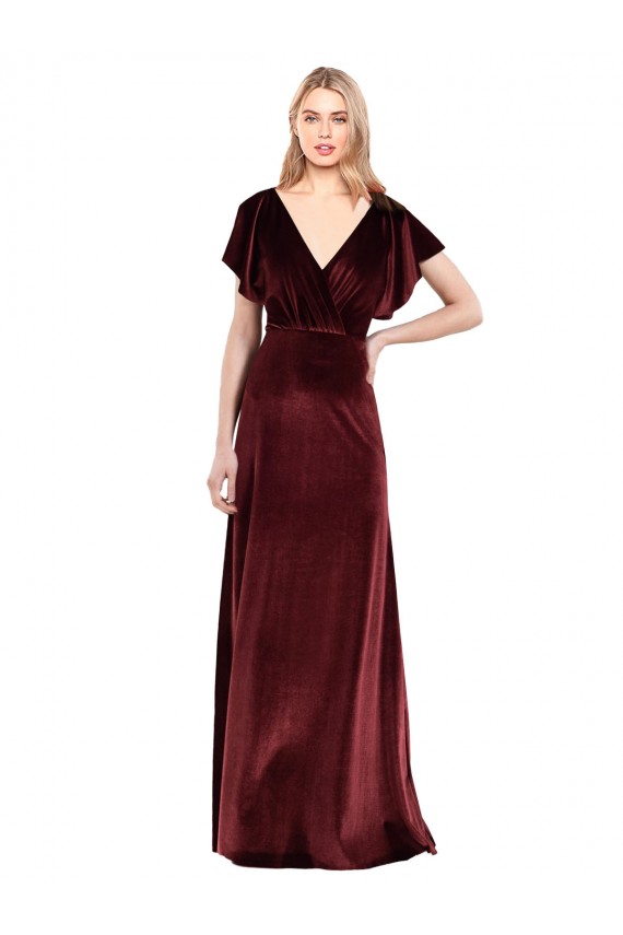 Flutter Sleeves Open Back Long Velvet Bridesmaid Dress