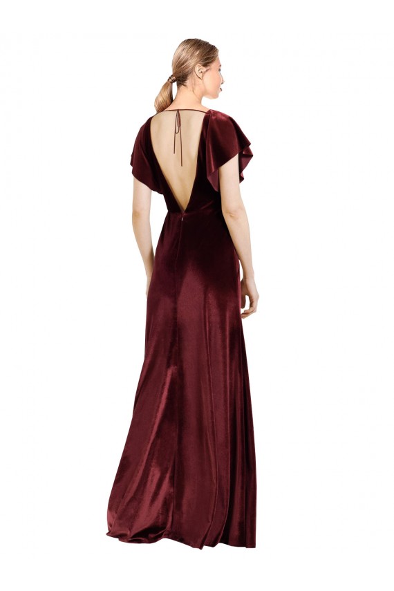 Flutter Sleeves Open Back Long Velvet Bridesmaid Dress