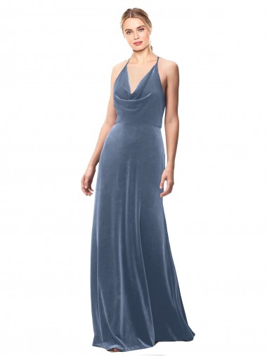 Halter Cowl Neck Long A-Line Velvet Bridesmaid Dress with Keyhole Back