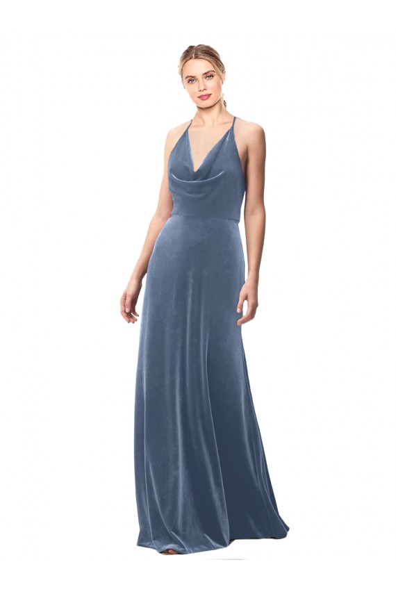 Halter Cowl Neck Long A-Line Velvet Bridesmaid Dress with Keyhole Back