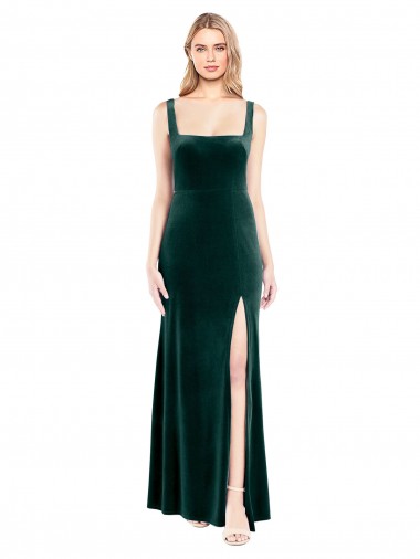 Square Neck Full Length Velvet Bridesmaid Dress with Side Slit