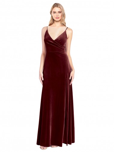 Faux Surplice Neckline Slim A-Line Long Velvet Bridesmaid Dress