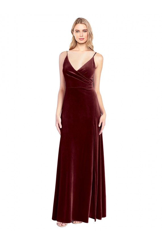 Faux Surplice Neckline Slim A-Line Long Velvet Bridesmaid Dress