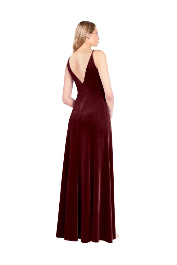 Faux Surplice Neckline Slim A-Line Long Velvet Bridesmaid Dress