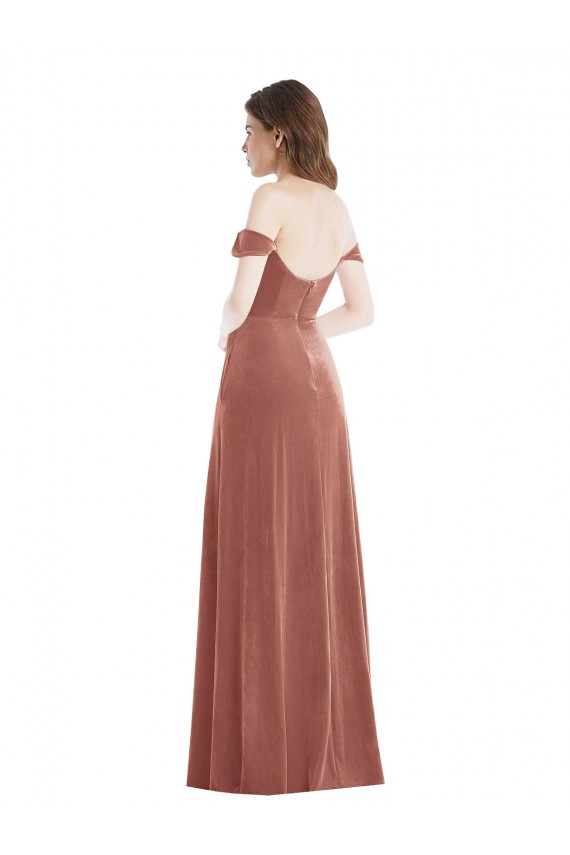 Off the Shoulder Flounce Sleeve Velvet Maxi Bridesmaid Dress