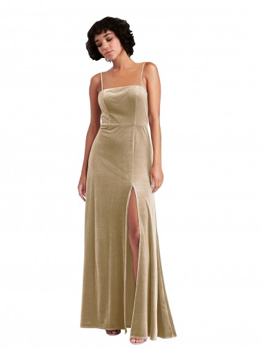 Square Neck Velvet Maxi Bridesmaid Dress with Front Slit