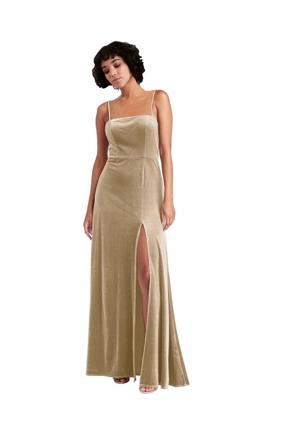 Square Neck Velvet Maxi Bridesmaid Dress with Front Slit
