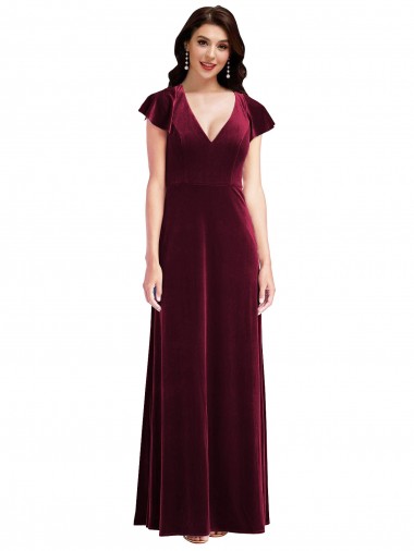 Flutter Sleeve Velvet Maxi Bridesmaid Dress with Pockets