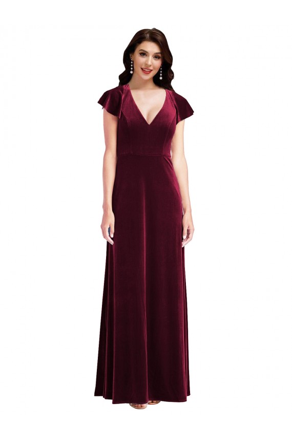 Flutter Sleeve Velvet Maxi Bridesmaid Dress with Pockets