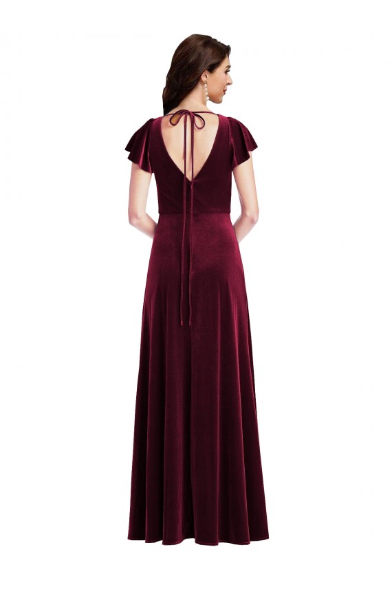 Flutter Sleeve Velvet Maxi Bridesmaid Dress with Pockets