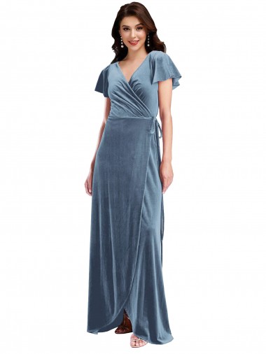 Flutter Sleeve Velvet Wrap Maxi Bridesmaid Dress with Pockets