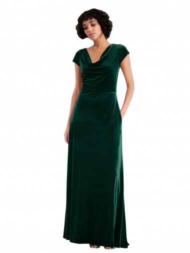 Cowl Neck Cap Sleeve Velvet Maxi Bridesmaid Dress with Pockets