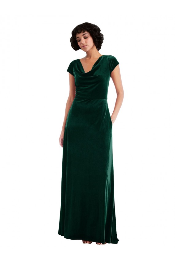 Cowl Neck Cap Sleeve Velvet Maxi Bridesmaid Dress with Pockets