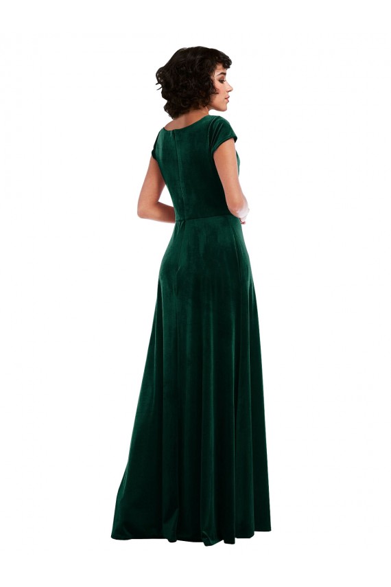 Cowl Neck Cap Sleeve Velvet Maxi Bridesmaid Dress with Pockets