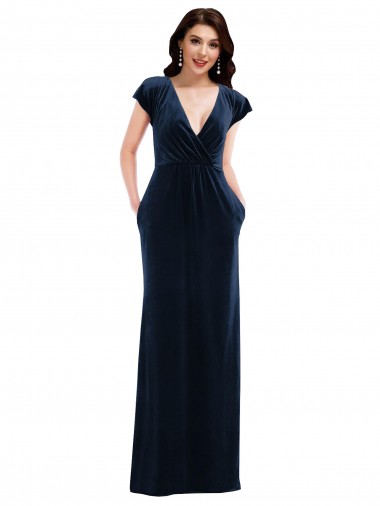 Flutter Sleeve Wrap Bodice Velvet Maxi Bridesmaid Dress with Pockets