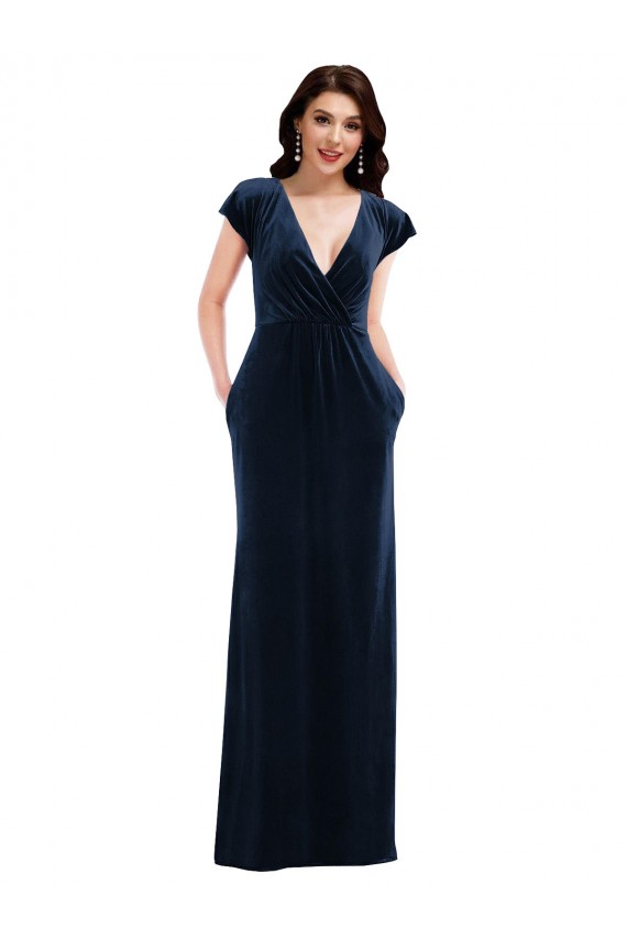 Flutter Sleeve Wrap Bodice Velvet Maxi Bridesmaid Dress with Pockets