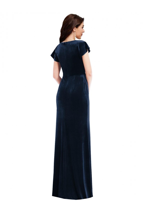 Flutter Sleeve Wrap Bodice Velvet Maxi Bridesmaid Dress with Pockets