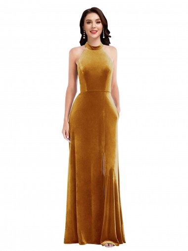 High-Neck Halter Velvet Maxi Bridesmaid Dress with Front Slit
