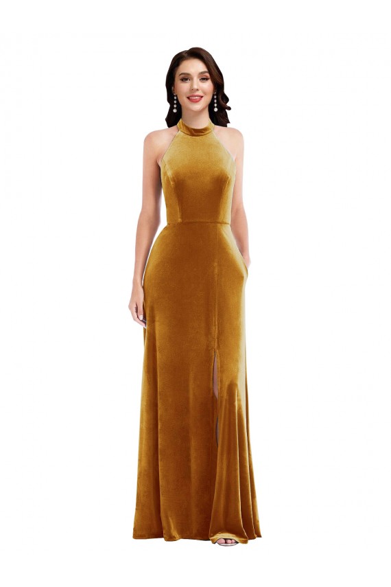 High-Neck Halter Velvet Maxi Bridesmaid Dress with Front Slit