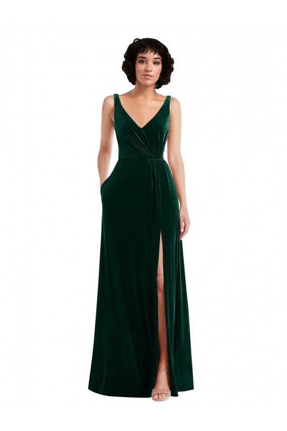 Floor Length Velvet Maxi Bridesmaid Dress with Shirred Bodice and Front Slit