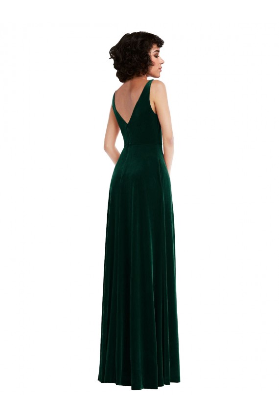 Floor Length Velvet Maxi Bridesmaid Dress with Shirred Bodice and Front Slit