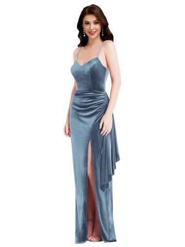 Spaghetti Strap Velvet Maxi Bridesmaid Dress with Draped Skirt