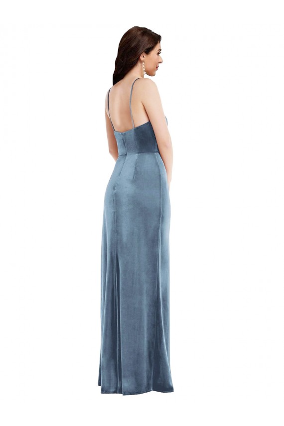 Spaghetti Strap Velvet Maxi Bridesmaid Dress with Draped Skirt
