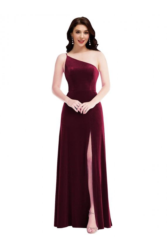One Shoulder Spaghetti Strap Velvet Maxi Bridesmaid Dress with Pockets
