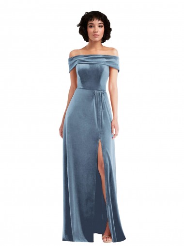 Draped Cuff Off the Shoulder Velvet Maxi Bridesmaid Dress with Pockets