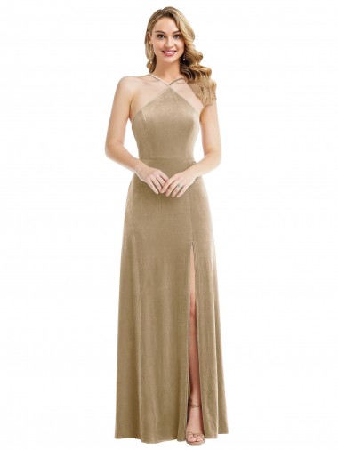High Neck Halter Open Back Long Velvet Maxi Bridesmaid Dress