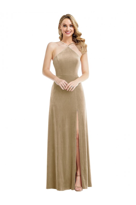 High Neck Halter Open Back Long Velvet Maxi Bridesmaid Dress