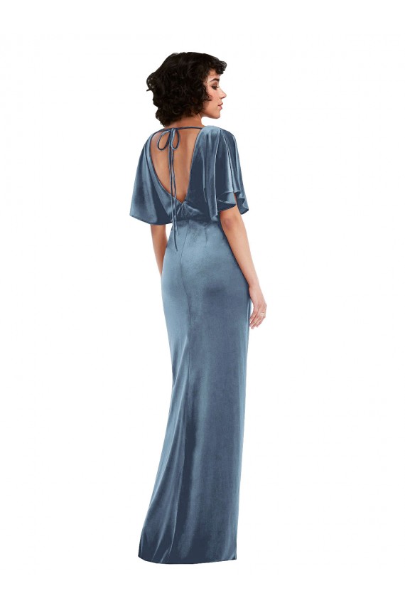 Flutter Sleeve Open Back Velvet Maxi Bridesmaid Dress with Draped Wrap Skirt
