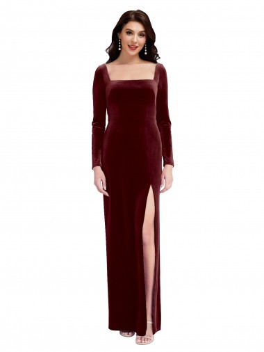 Sleek Square Neck Spaghetti Straps Velvet Bridesmaid Dress with Side Slit