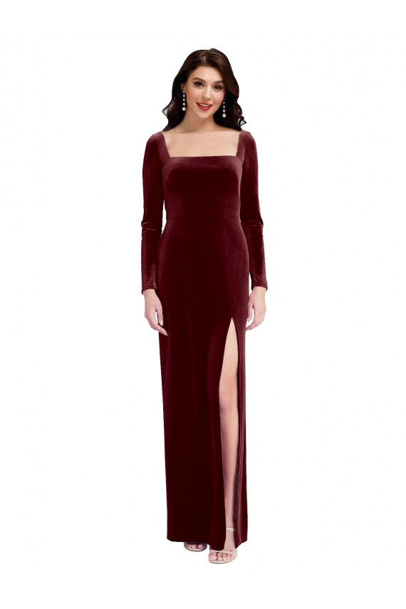 Sleek Square Neck Spaghetti Straps Velvet Bridesmaid Dress with Side Slit